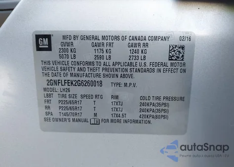 2016 Chevrolet Equinox Lt z USA, uszkodzony, nr VIN 2GNFLFEK2G6260018